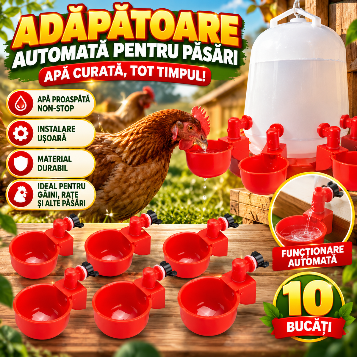Set 10 Adăpătoare Automată Pentru Păsări AquaPas™