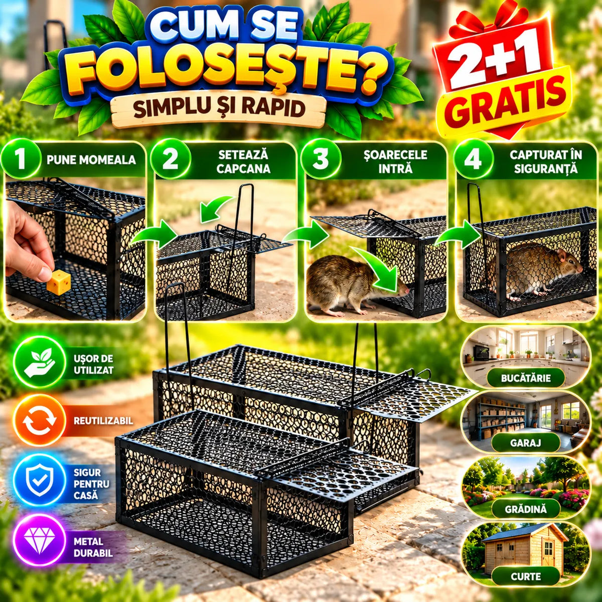 Set de 2 Capcane pentru Șoareci, Șobolani și Dihori RodentTrap™ + 1 GRATIS
