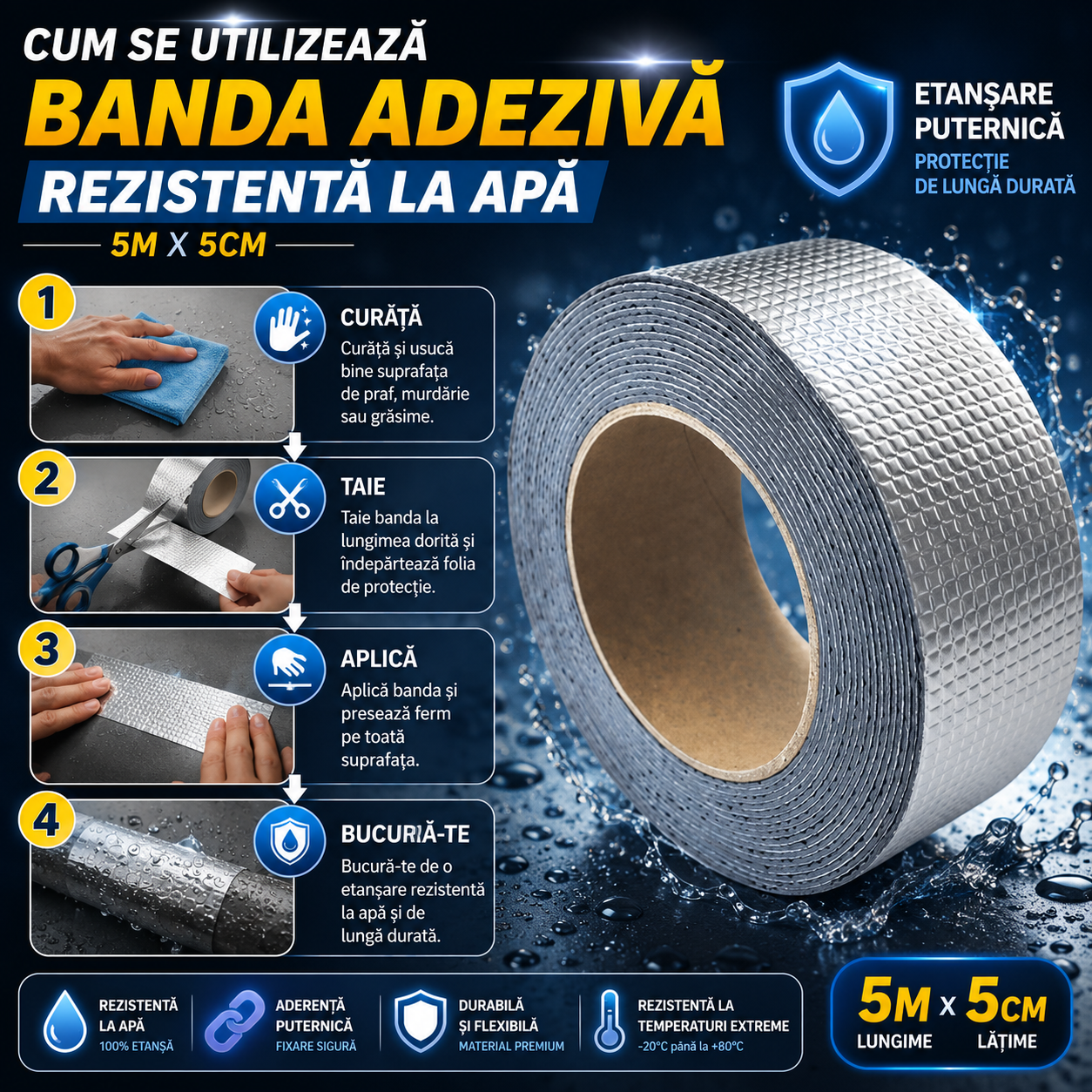 Bandă Adezivă Rezistentă la Apă AquaFix™