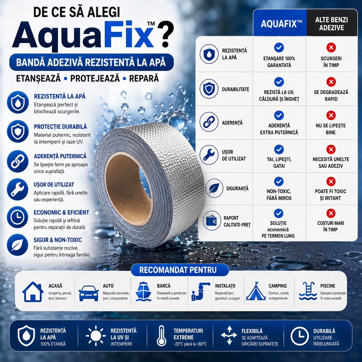 Bandă Adezivă Rezistentă la Apă AquaFix™