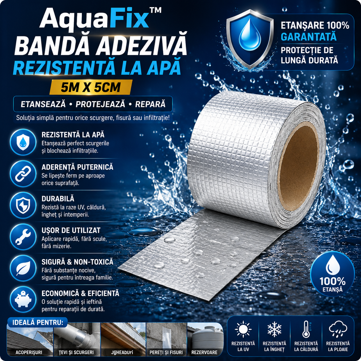 Bandă Adezivă Rezistentă la Apă AquaFix™